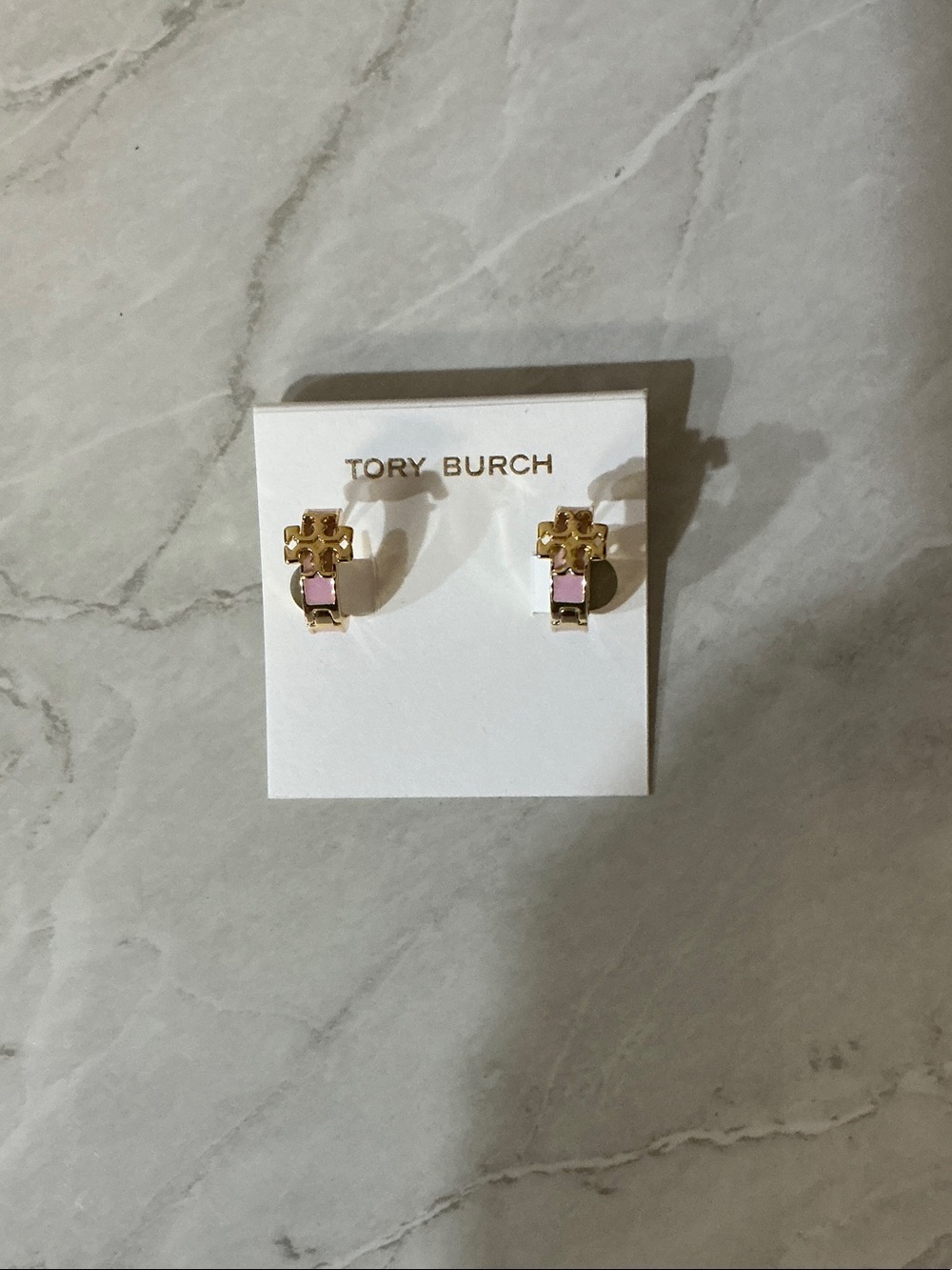 Tory Burch Gold Pink Enamel Logo Huggies (Earrings)